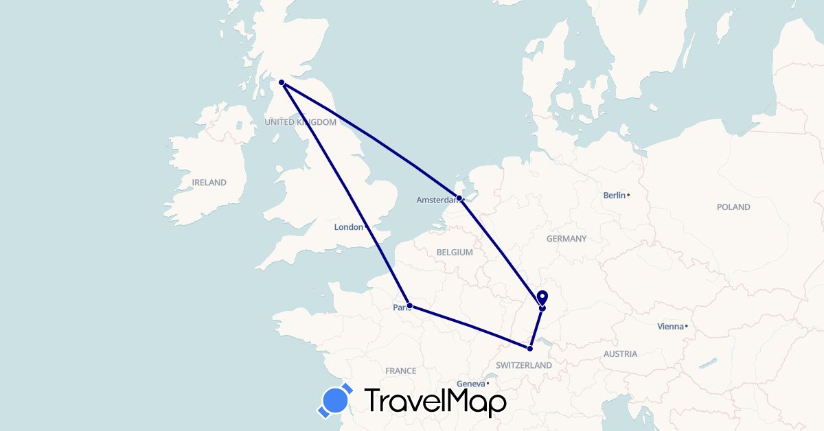 TravelMap itinerary: driving in Switzerland, Germany, France, United Kingdom, Netherlands (Europe)